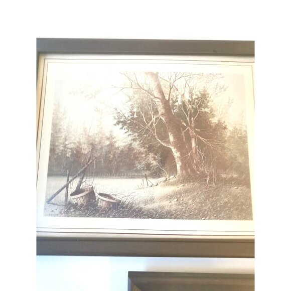 VINTAGE S. ABUTT Framed Art Prints Set of 2 | Red Barn in Winter & Snowy Tree - Picture 3 of 10